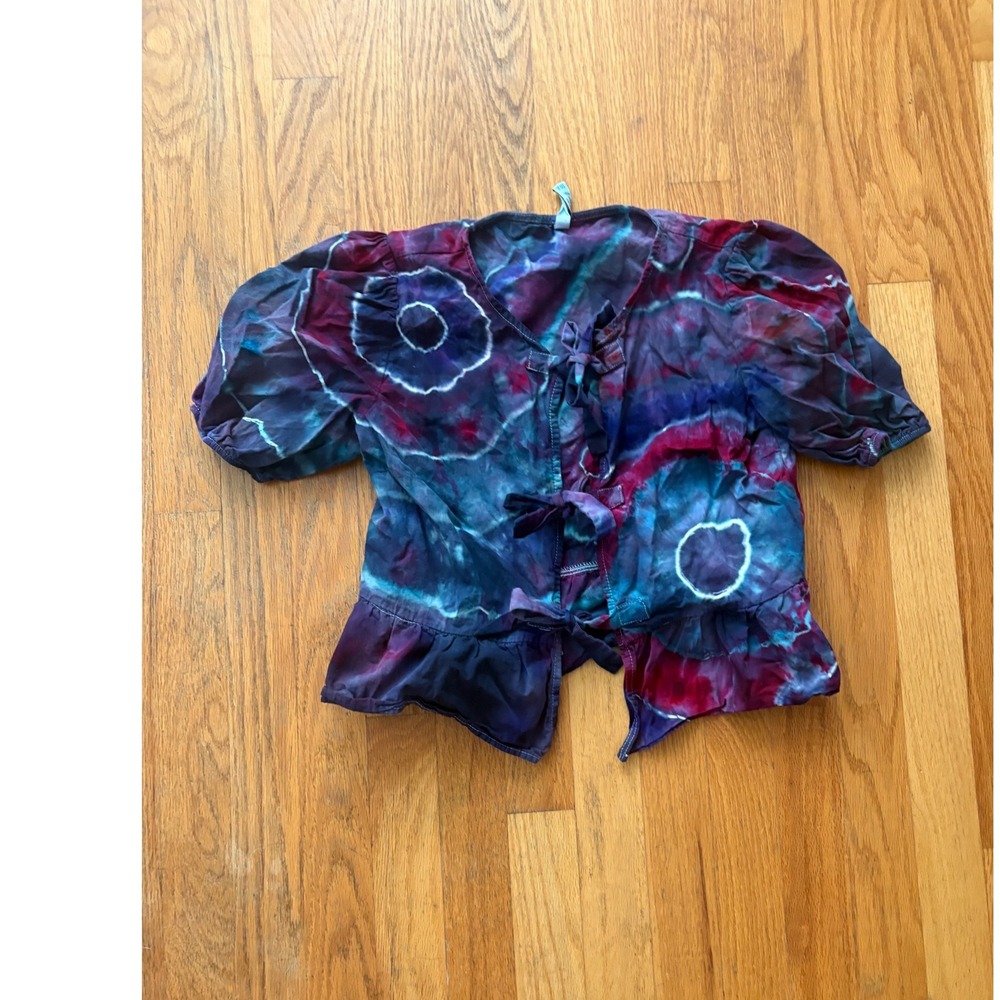 Upcycled Ice Dye Front Tie Crop Top Purple Blue Boho Festival Size S